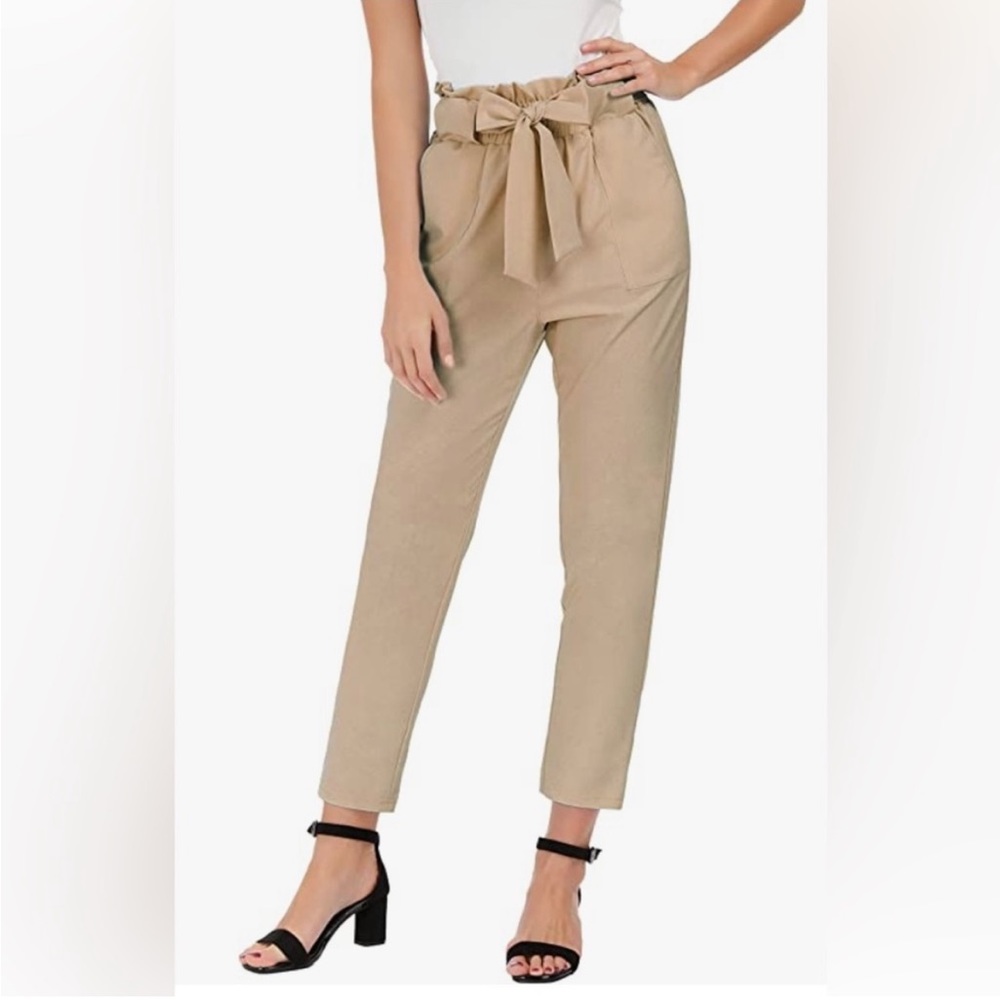 grace karin paper bag waist cropped pants womens small tan beige khaki